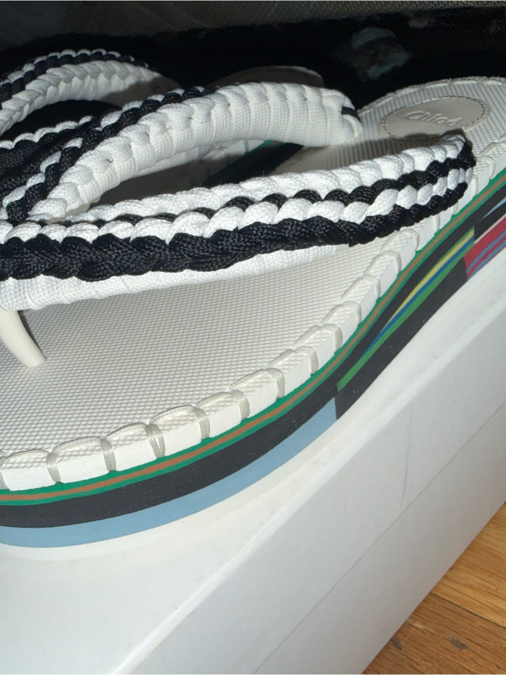 Chloe White and Black Braided Strap Platform Sandals with Multi-Stripe Sole